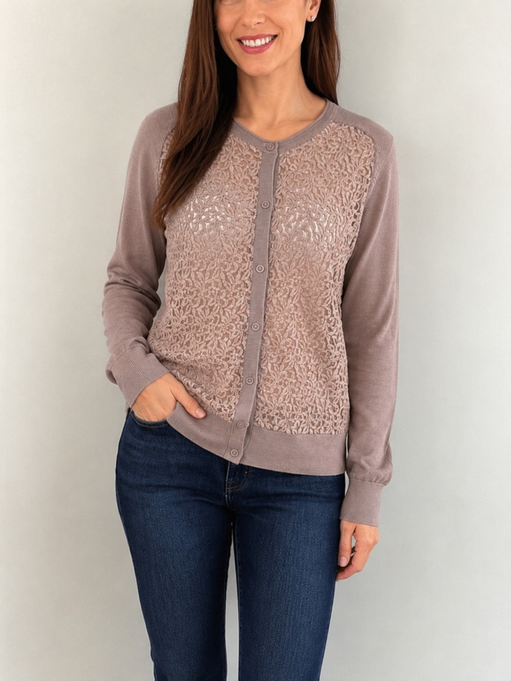 Woman’s Ann Taylor Loft lightweight lace sheer front cardigan size XL